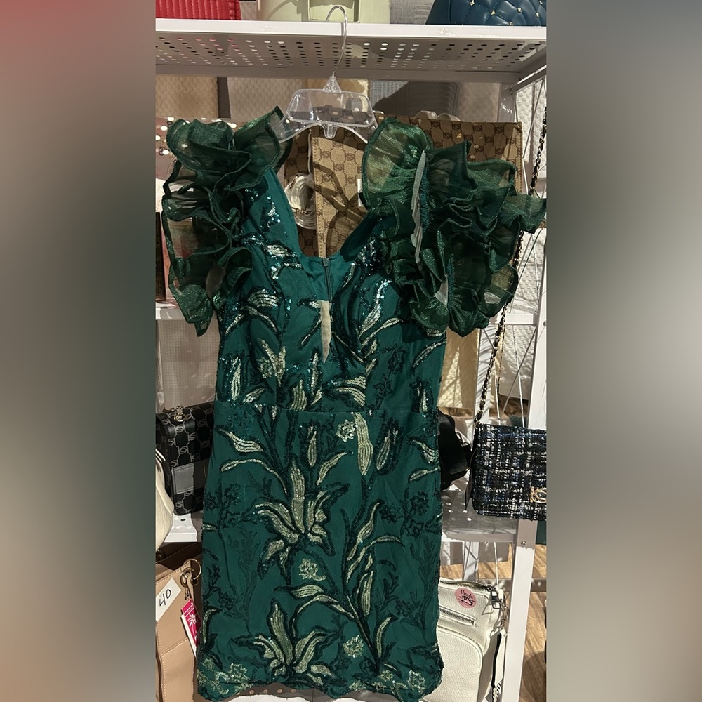 Emerald Green Beaded Ruffle-Sleeve Dress